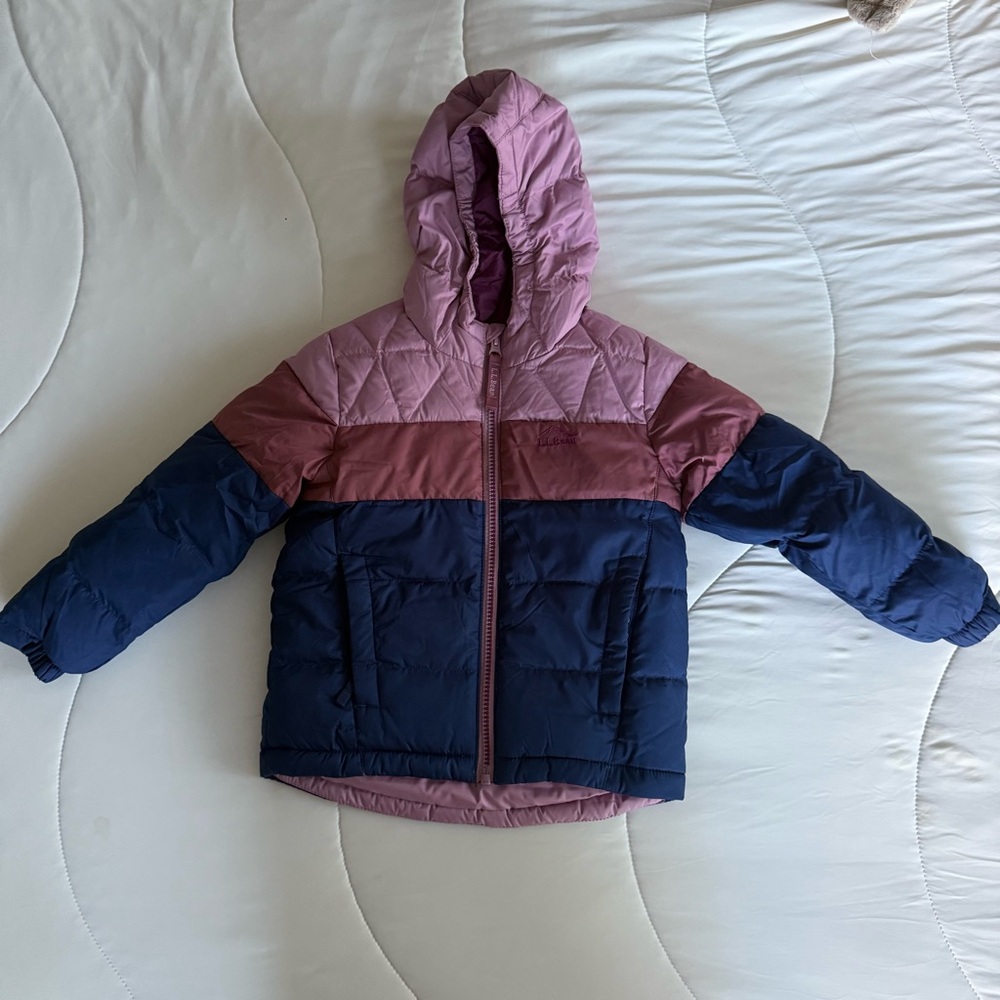 Kids LL Bean Pink and Blue Quilted Hooded Jacket with reflective back triangle 4